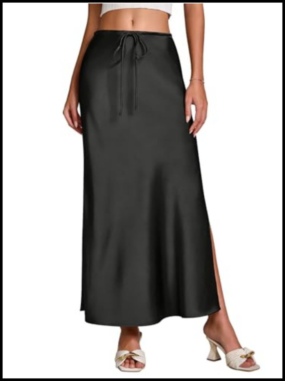 Satin Silk Maxi Skirt Slit Drawstring Flared A-Line Ankle Length
